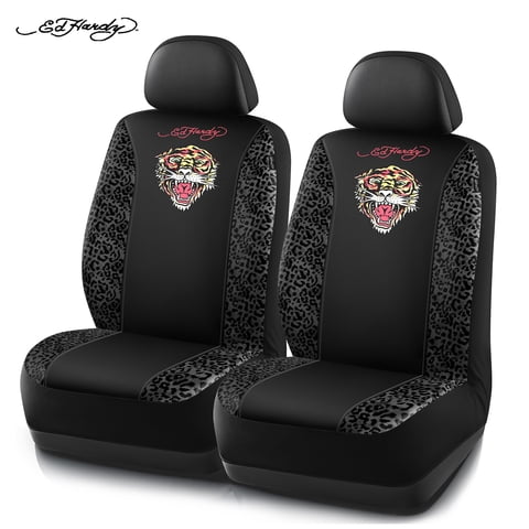 Ed Hardy Car Seat Covers, Fashion Leopard Print Front Seat Covers with Tiger Graphic, Universal Fit, Airbag Compatible for Cars, SUVs and Trucks Front Seats,Black