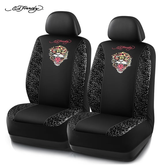 Ed Hardy Car Seat Covers, Fashion Leopard Print Front Seat Covers with Tiger Graphic, Universal Fit, Airbag Compatible for Cars, SUVs and Trucks yellow Front Seats,Black