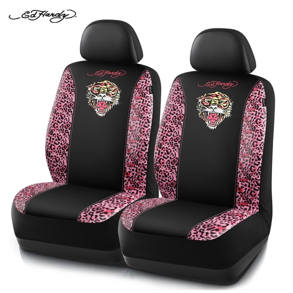 Ed Hardy Car Seat Covers, Fashion Leopard Print Front Seat Covers with Tiger Graphic, Universal Fit, Airbag Compatible for Cars, SUVs and Trucks Front Seats,Pink