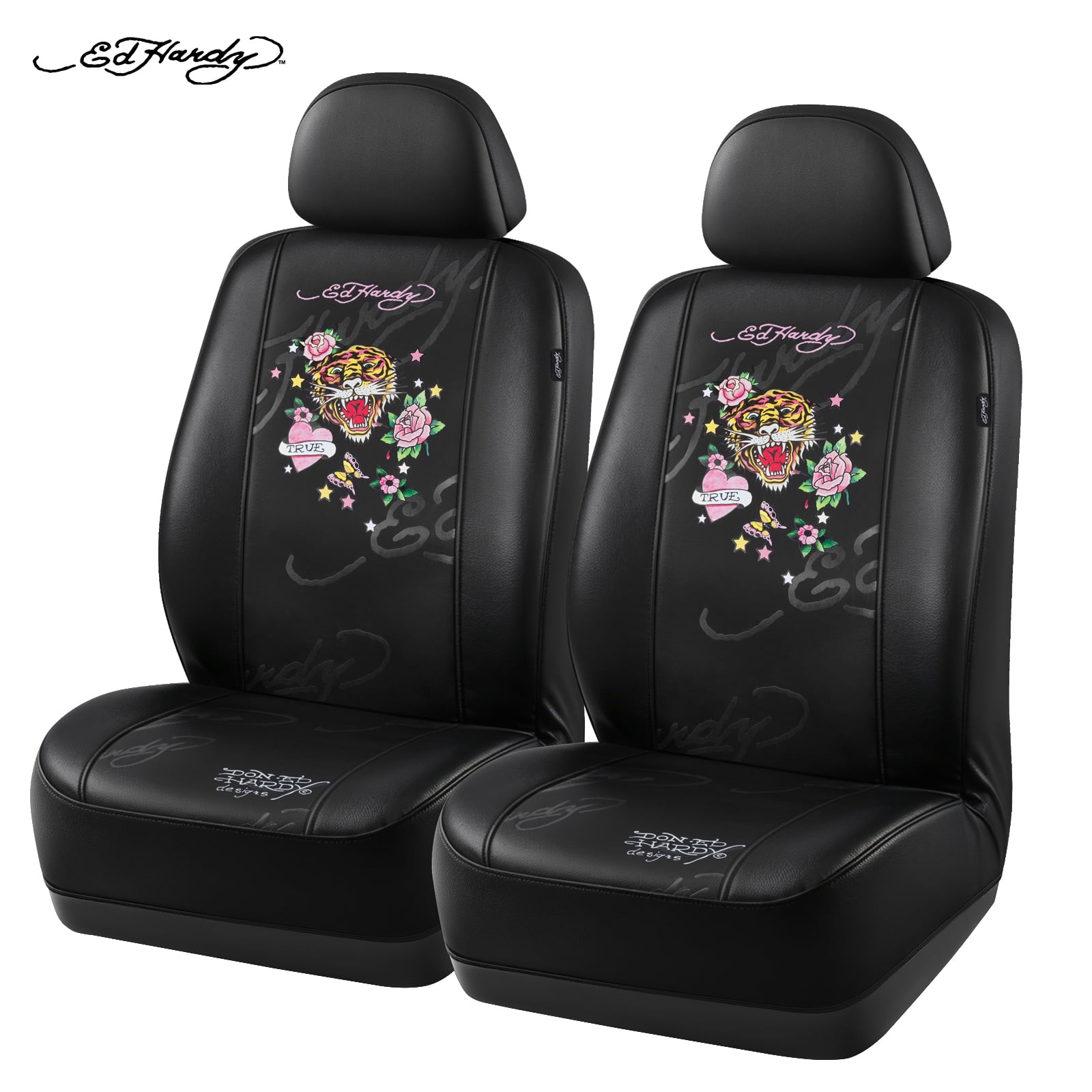 Ed Hardy Car Seat Covers,Pink Heart Floral Tiger Graphic Front Seat Covers, Fashion Seat Cover Set, Stylish Anti-Slip Universal Fit for Cars SUVs Trucks