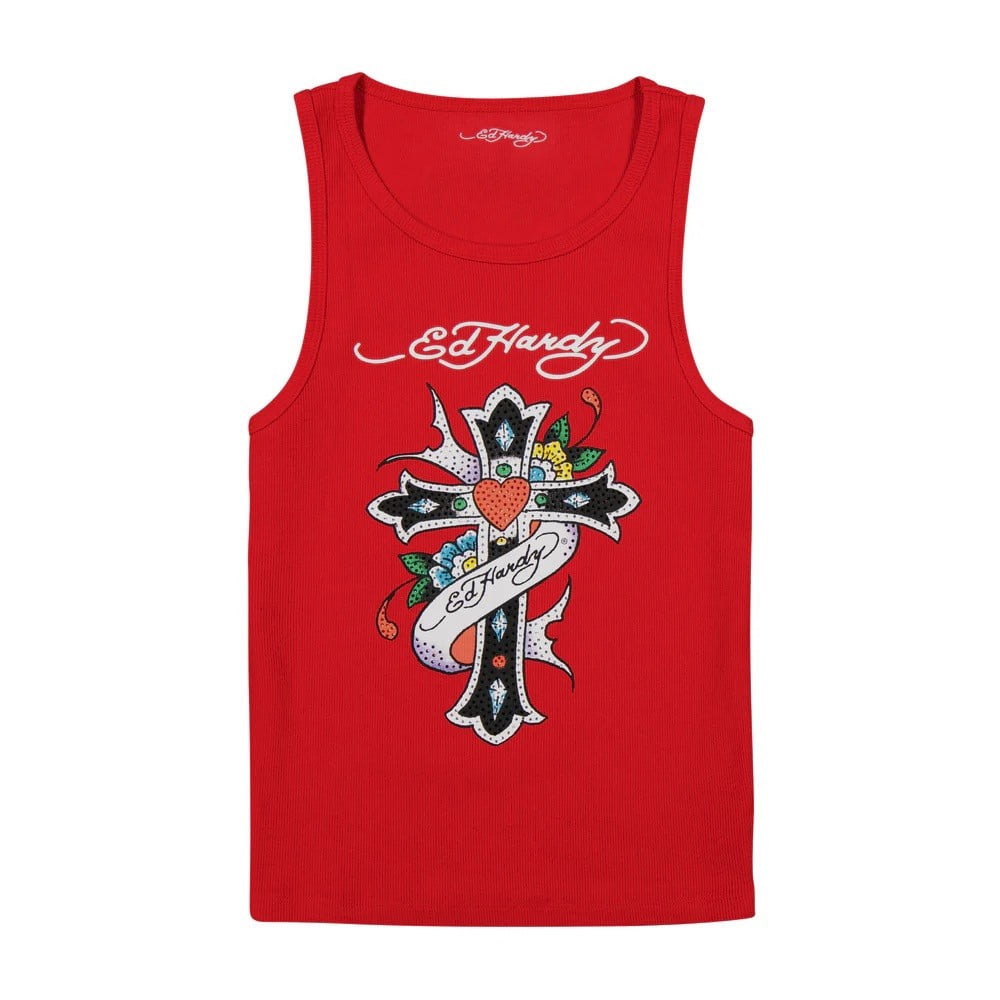Ed Hardy Cross Rhinestone Tank Top - EHW1207-2RS (Cherry, M