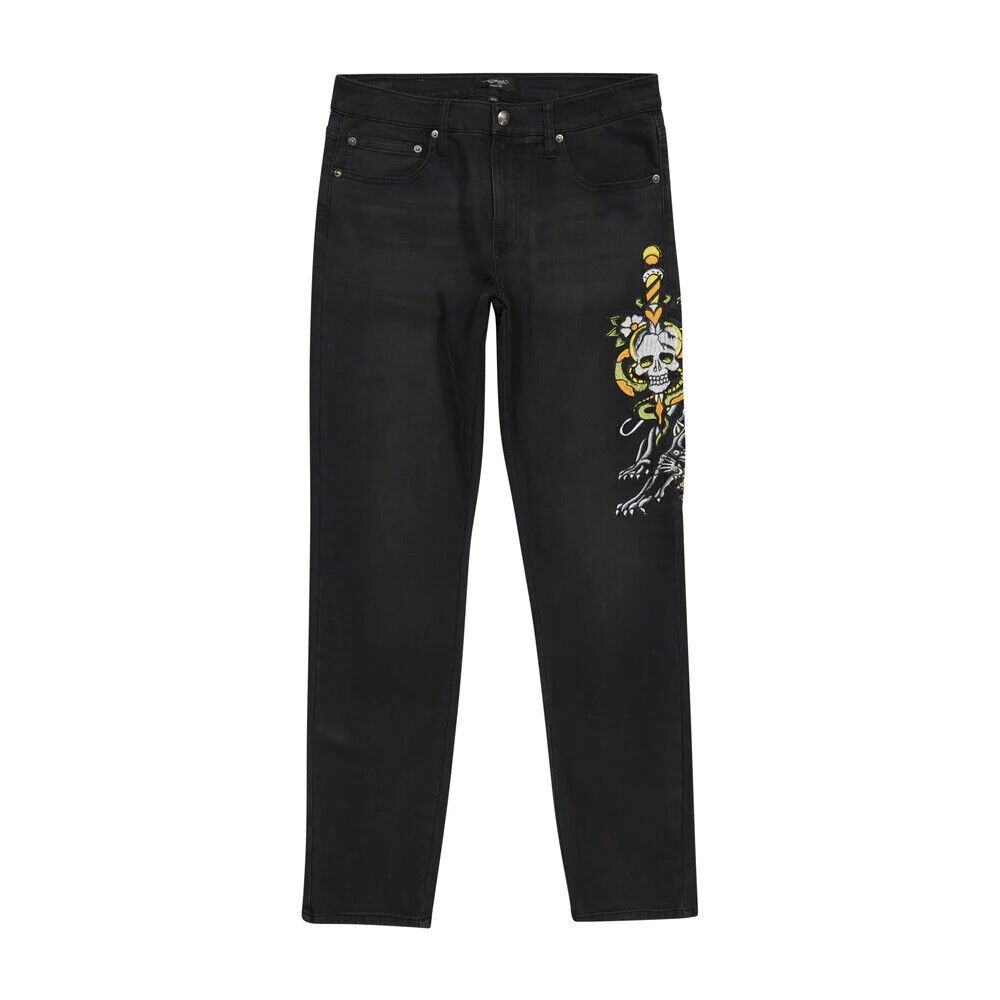 Men's Hip Hop Black Denim Jeans – Skull & Skeleton Embroidery – W30 To W46