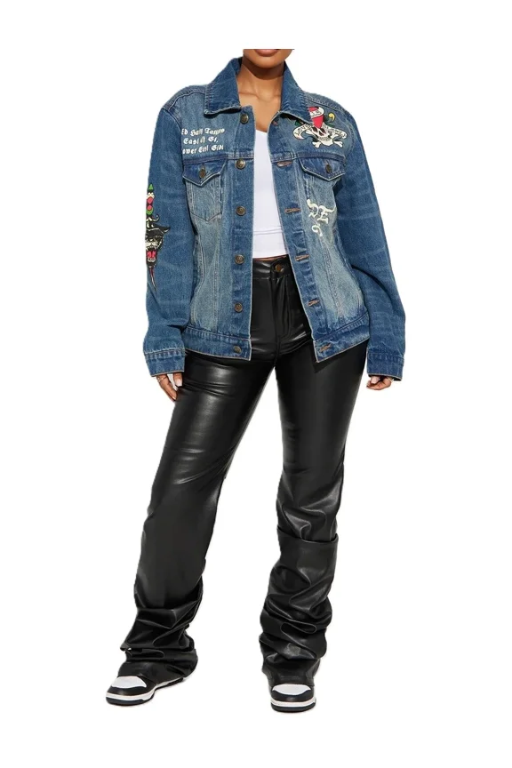 Flame Skull Denim Jacket - EHUO7104-2 (Med Tint, L)