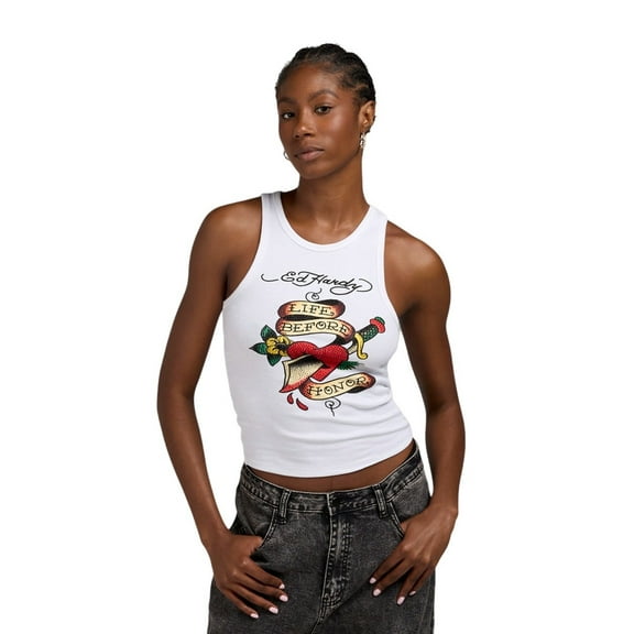 Ed Hardy Heart Sword Tank Top - EHW1207-5RS (White, S)