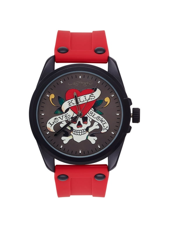 Ladies Pink Silicone Strap Matte Black Analogue 38mm Watch with Skull Dial