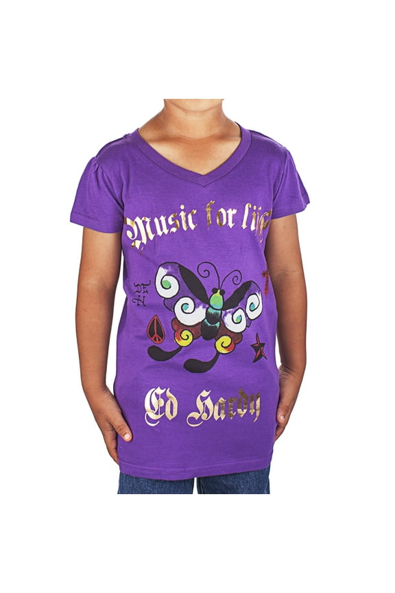 Little Girls' Butterfly V-Neck T-Shirt - Purple - 4/5