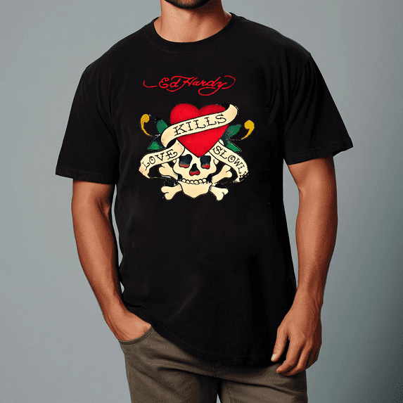 Ed Hardy Love Kills Slowly Black Cotton Graphic K389 Style Unisex T-shirt, for men & women, up to size 5XL