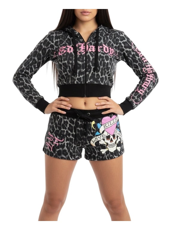 Love Kills Slowly Pink Skull Zip Front Hoodie - EHW1800-93 (Black Leopard, XL)