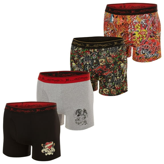 Ed Hardy Men's Athletic Underwear, 4-Pack Moisture Wicking Performance Boxer Briefs for Men, Small Multicolor