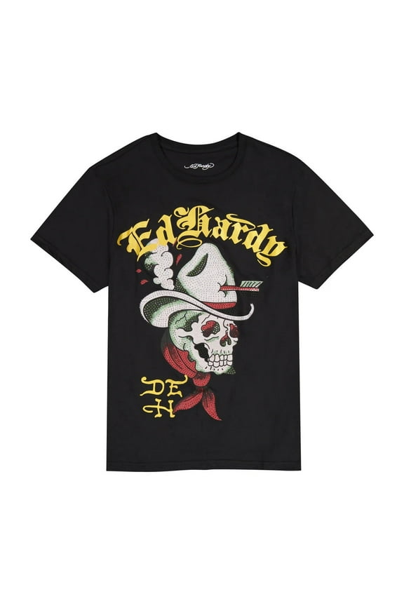 Men's Cowboy Skull Throwback Rhinestone Tee - EHM1100-147RS (Black, S)