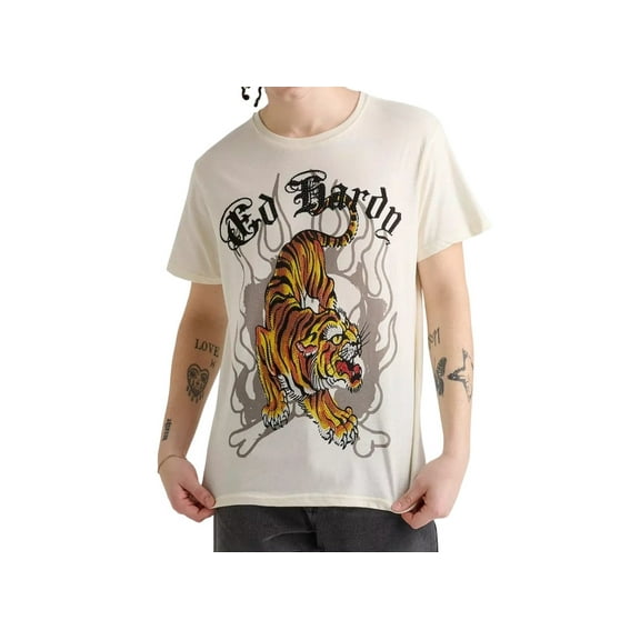 Ed Hardy Men's Crawling Tiger Rhinestone T-Shirt - EHM1100-146RS (Ivory, S)