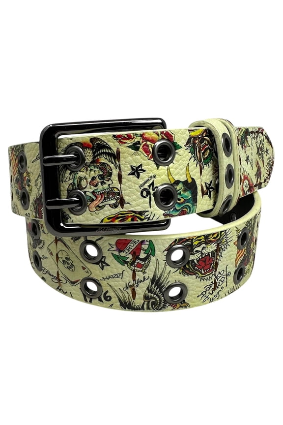 Men's Double Prong Ace of Hearts Printed Cream Belt With Metal Eyelets (36, Cream)