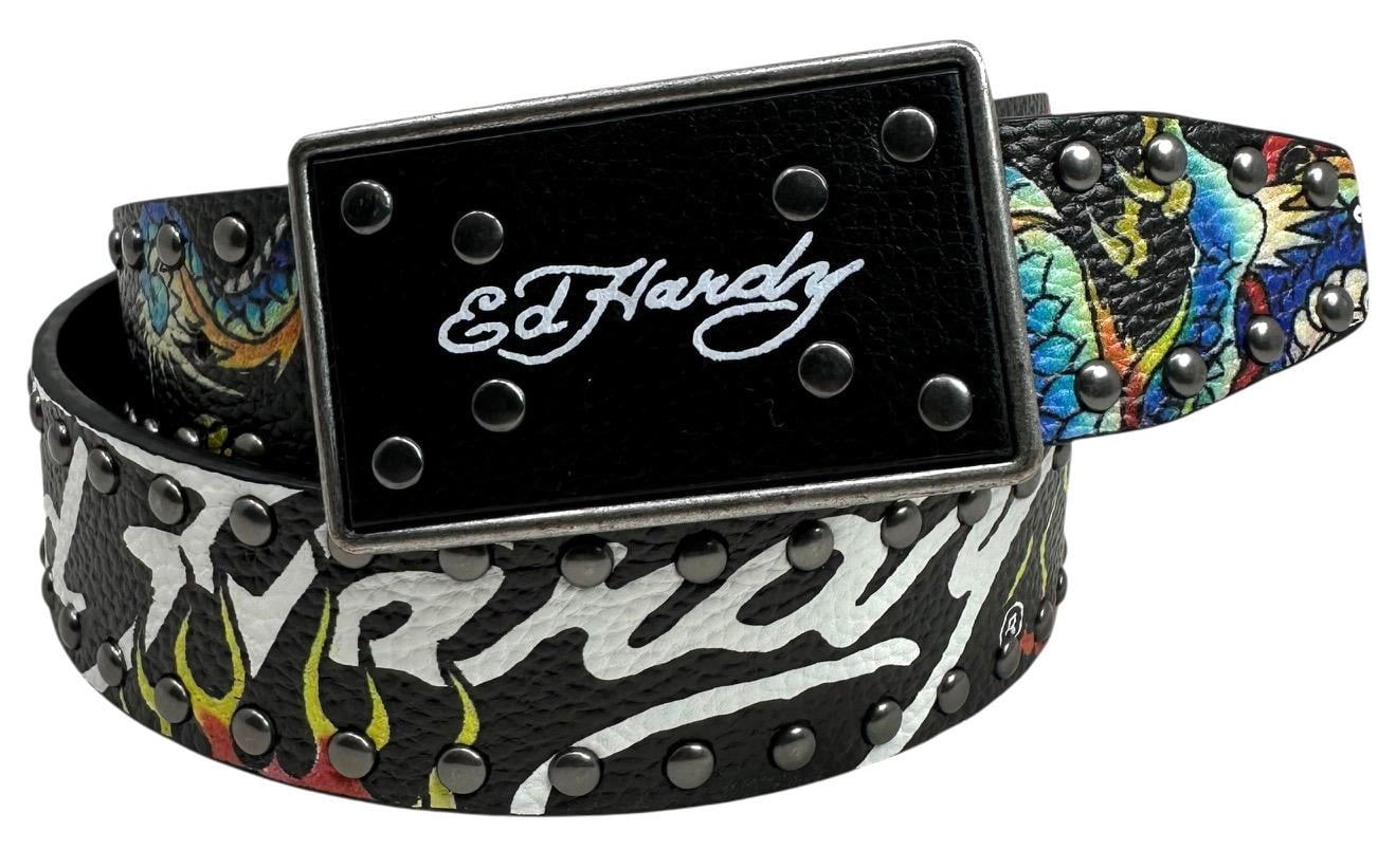 Ed Hardy Men's Dragon Tattoo Rivet Studs Black Belt With Plaque
