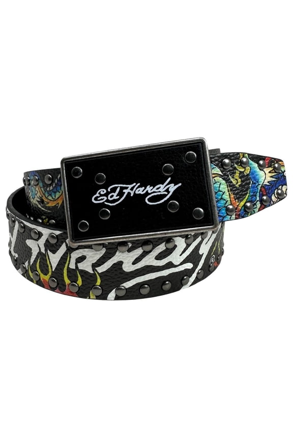 Men's Dragon Tattoo Rivet Studs Black Belt With Plaque Buckle (36, Black)