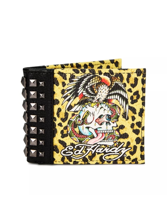 Men's Eagle Snake Skull Leopard Print Bifold Wallet With Metal Studs
