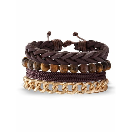 Ed Hardy Men's Gold Ion-Plated Stainless Steel And Brown Leather Macrame Multi Strand Bracelet Set 8.5 Inch, Adjustable