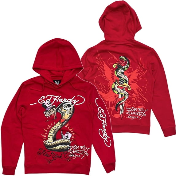 Ed Hardy Men's Hoodie King Cobra Snake Ace Fleece Pullover Sweatshirt (XX-Large, Red)