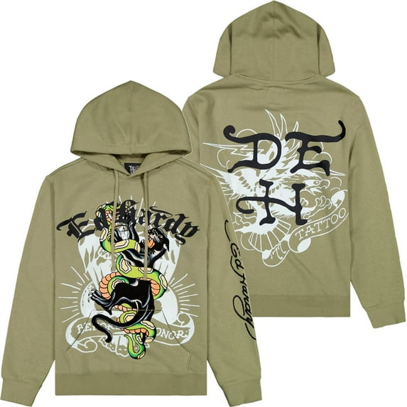 Ed Hardy Men's Hoodie Panther Snake Fleece Pullover Sweatshirt (X-Large, Olive)