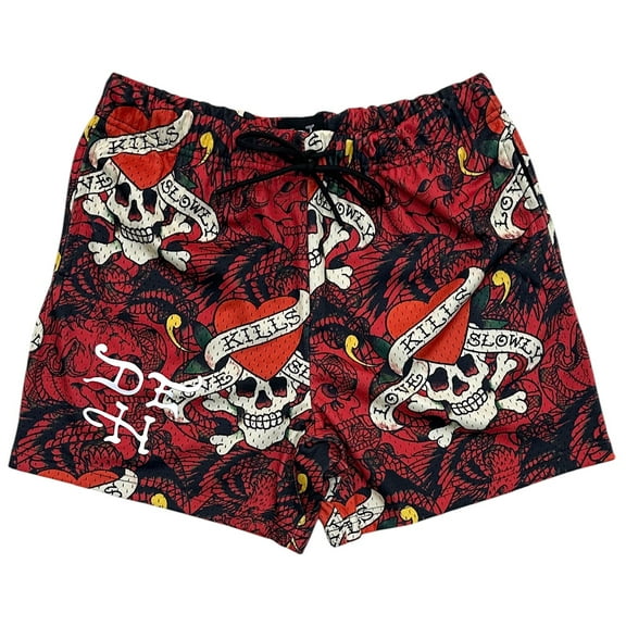 Ed Hardy Men's Love Kills Slowly Skull Mesh Shorts (X-Large, Red)