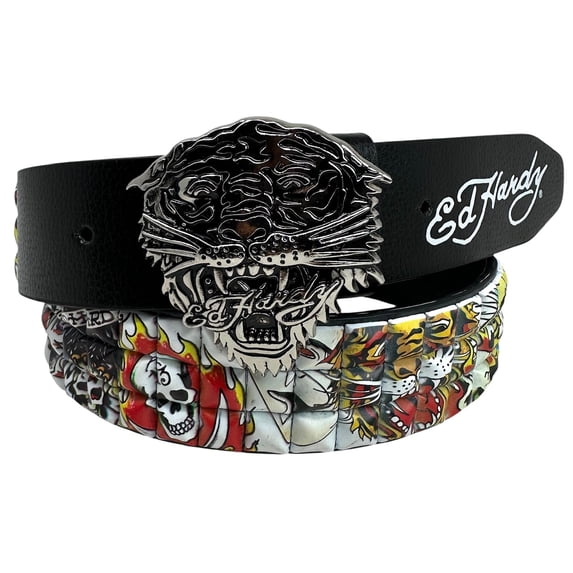 Ed Hardy Men's Metal Tiger Buckle Belt With Pyramid Studs (32, Black)
