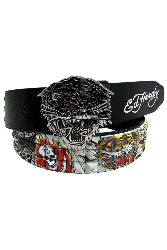 Men's Metal Tiger Buckle Belt With Pyramid Studs (42, Black)