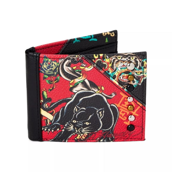 Ed Hardy Men's Panther Bifold Red Wallet With Rivet Studs