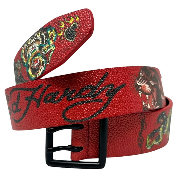 Ed Hardy Men's Panther Print Red Belt With Rivet Studs (34, Red)