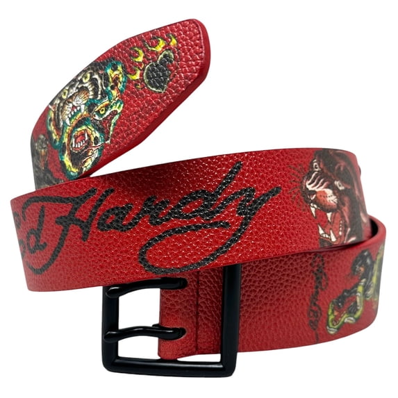 Ed Hardy Men's Panther Print Red Belt With Rivet Studs (36, Red)