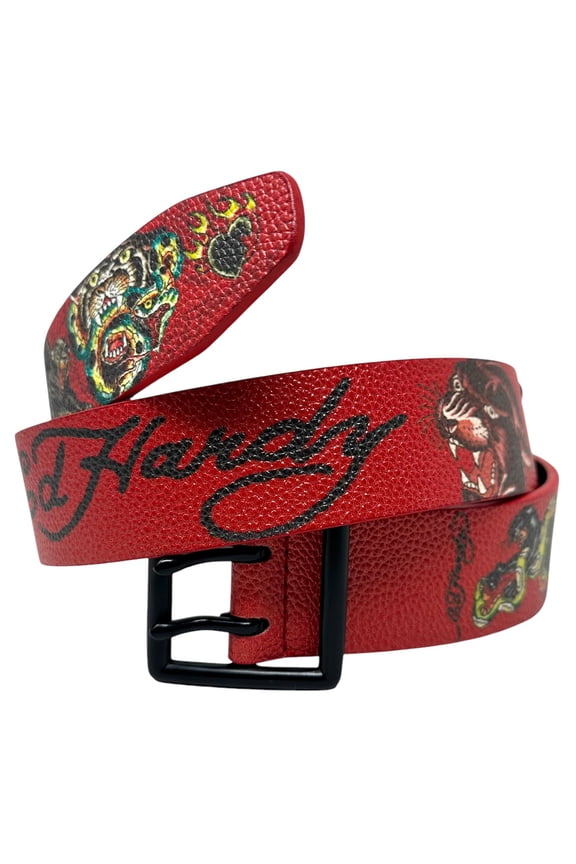 Men's Panther Print Red Belt With Rivet Studs (38, Red)