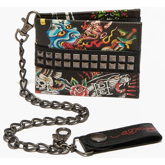 Ed Hardy Men's Pyramid Stud Biker Bifold Black Wallet With Removable Chain