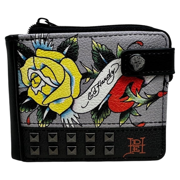 Ed Hardy Men's Pyramid Stud Printed Snap Closure Bifold Wallet