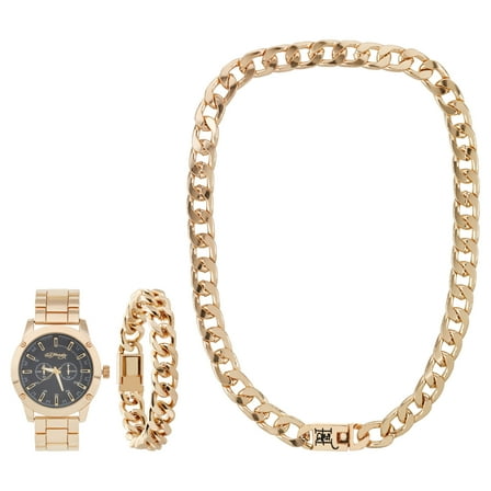 Men's Shiny Gold Metal Strap Watch 46mm w/ Necklace & Bracelet Set