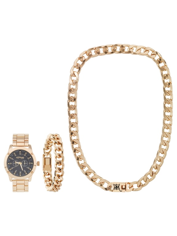 Men's Shiny Gold Metal Strap Watch 46mm w/ Necklace & Bracelet Set