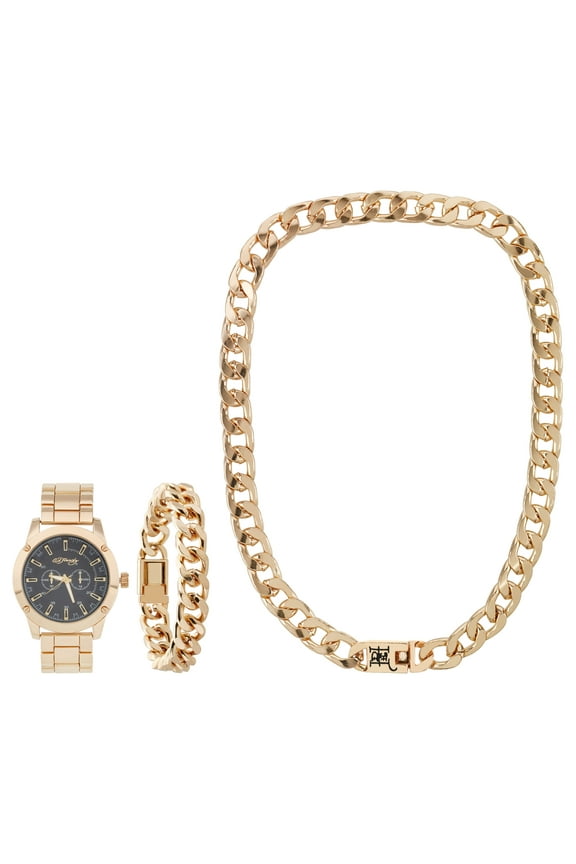 Men's Shiny Gold Metal Strap Watch 46mm w/ Necklace & Bracelet Set