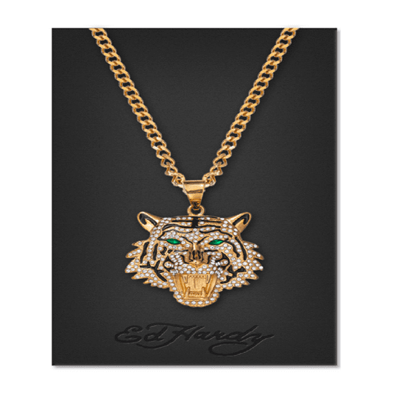 Ed Hardy Men's Shiny Gold Tone Metal Tiger Pendant Necklace