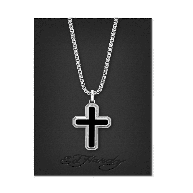 Ed Hardy Men's Shiny Silver Tone Metal Cross Pendant