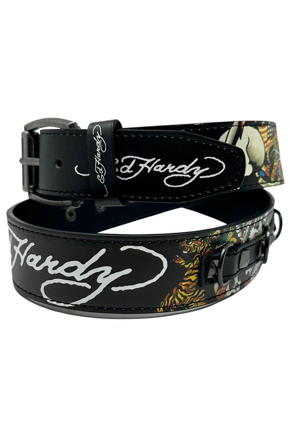 Men's Skull Tiger Print Black Belt With Rivet Studs & D-Rings (34, Black)