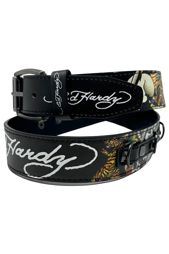 Men's Skull Tiger Print Black Belt With Rivet Studs & D-Rings (38, Black)