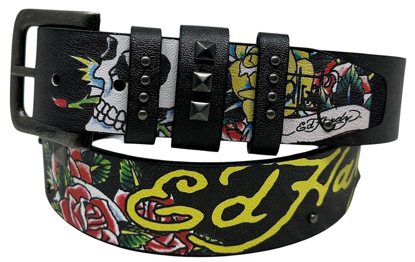 Ed Hardy Men's Skulls and Roses Printed Black Belt With Rivet
