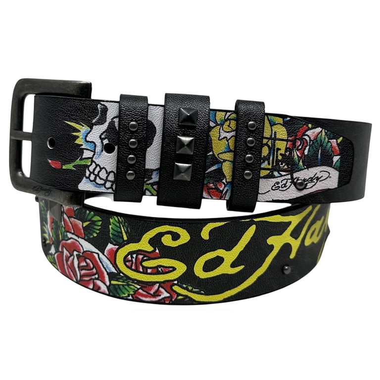 Ed Hardy Men's Skulls and Roses Printed Black Belt With Rivet