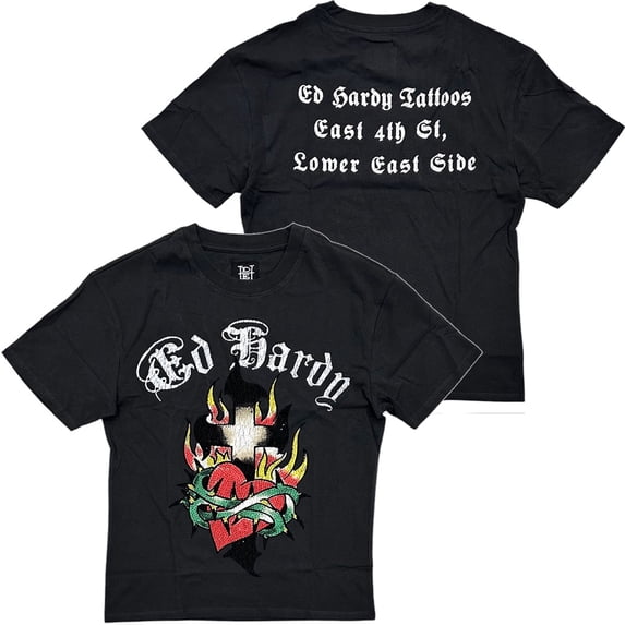 Ed Hardy Men's T-Shirt Cross Heart Rhinestone Boxy Relaxed Fit Vintage Wash Tee (Large, Charcoal Vintage Wash)