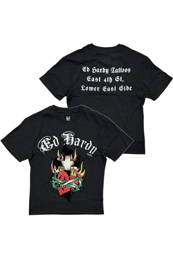 Men's T-Shirt Cross Heart Rhinestone Boxy Relaxed Fit Vintage Wash Tee (Small, Charcoal Vintage Wash)