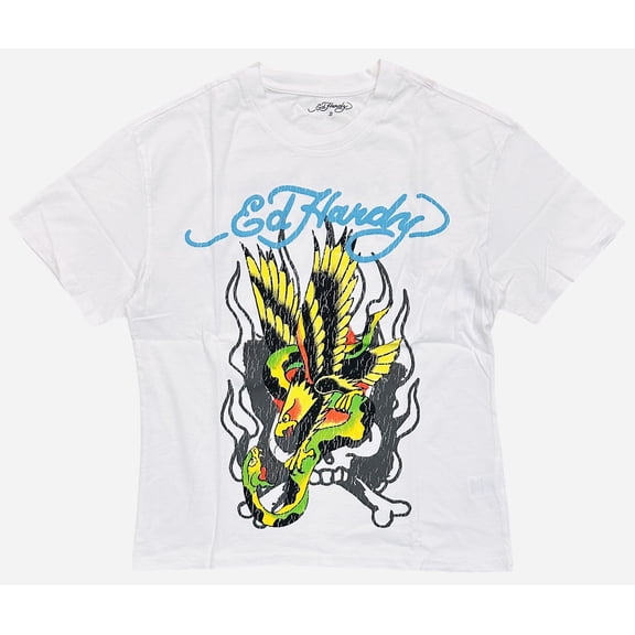 Ed Hardy Men's T-Shirt Eagle Snake Boxy Relaxed Fit Tee (Small, White)