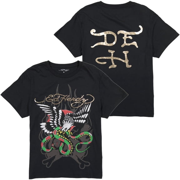 Ed Hardy Men's T-Shirt Eagle Snake With Gold Metallic Foil Logo Short Sleeve Tee (Small, Black)
