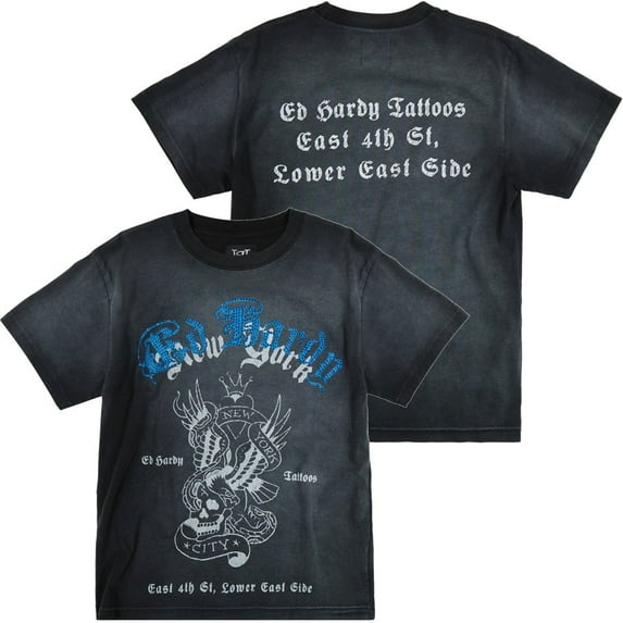 Ed Hardy Men's T-Shirt Limited Edition NYC Eagle Boxy Fit Black Vintage Wash Tee (X-Large, Faded Black Vintage Wash)