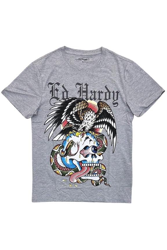 Men's T-Shirt Rhinestone Battle Skull Short Sleeve Tee (Medium, Heather Grey)