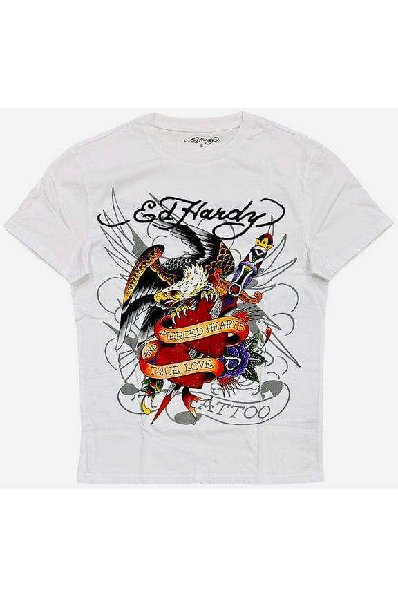 Men's T-Shirt Rhinestone Pierced Eagle Short Sleeve White Tee (X-Large, White)