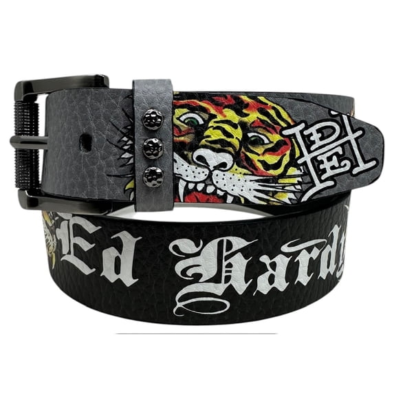 Ed Hardy Men's Tiger Roar Grey Belt With Rivet Studs (42, Grey)