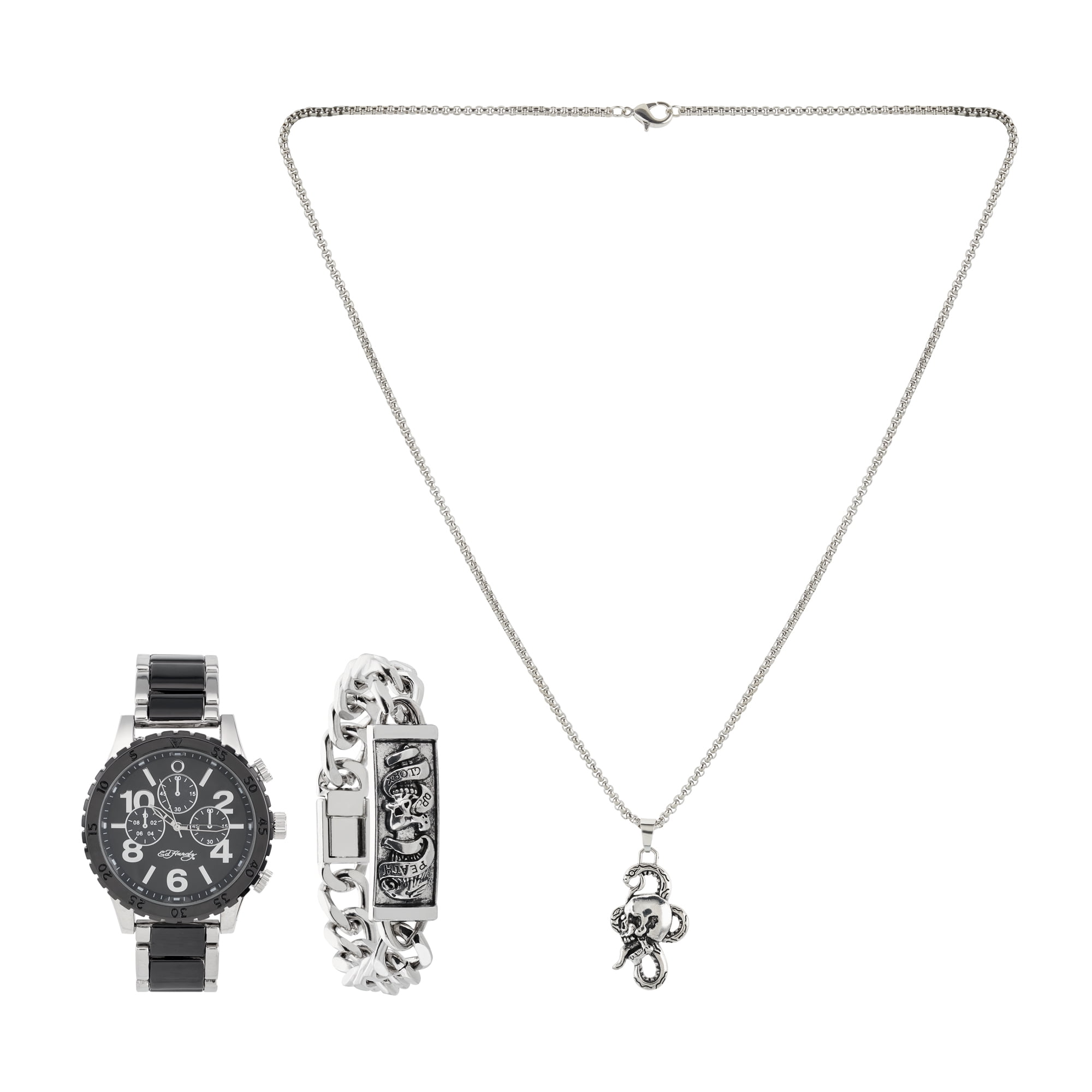 ED HARDY Men's Two Tone Metal Bracelet Watch 46mm Gift Set