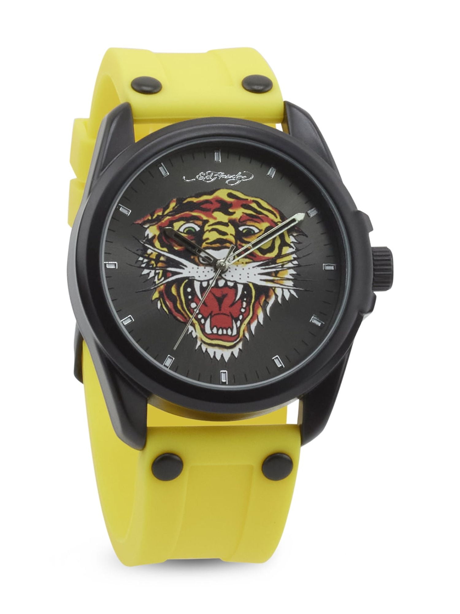 Ed Hardy Men s Yellow Silicone Strap Matte Black Analogue 46mm Watch with Tiger Dial Walmart